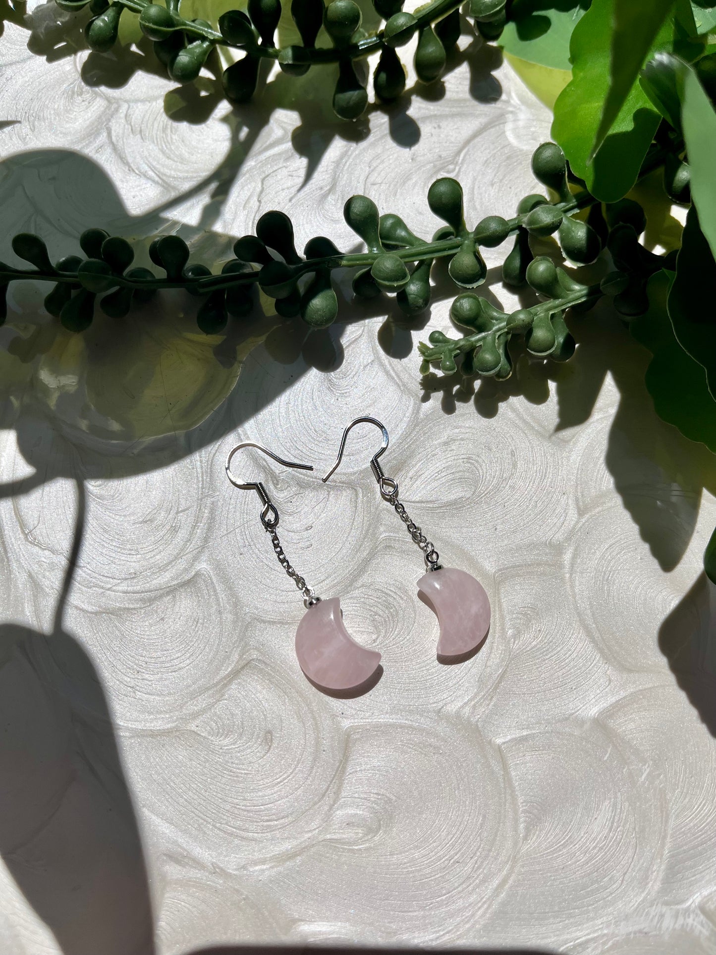 Rose Quartz Moon Dangle Earrings